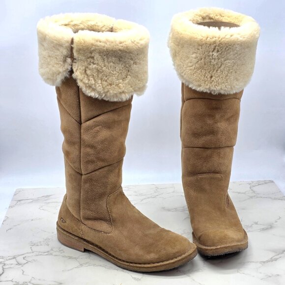 UGG Boots Womens 8.5 Samantha Chestnut Brown Shearling Suede Knee Tall 1008706